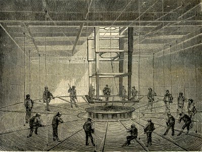 Collocamento del canapo atlantico in un bacino della stiva del Great Eastern