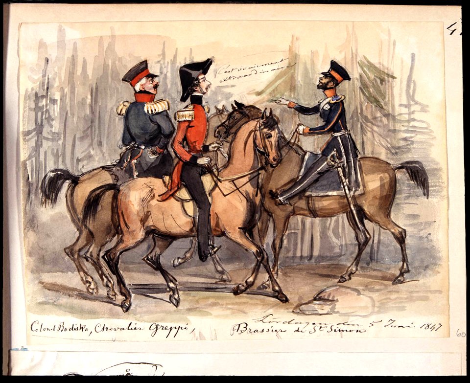 Colonel Bodisco, Chevalier Greppi, Brassier de St Simon. Fritz von Dardel, 1847 - Nordiska Museet - NMA.0043757