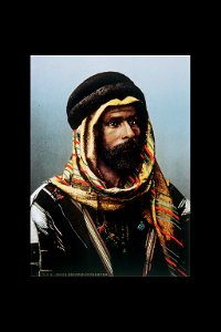 COLOR PORTRAIT OF BEDUIN SHEIKH TAKEN IN LATE 19TH CENTURY BY FRENCH PHOTOGRAPHER, BONFILS. צילום צבע מהמאה ה19 של הצלם הצרפתי בונפיס. פורטרט של שייח בדואי.