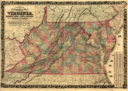 Colton's new topographical map of the states of Virginia, Maryland and Delaware, showing also eastern Tennessee & parts of other adjoining states, all the fortifications, military stations, rail LOC 99447075
