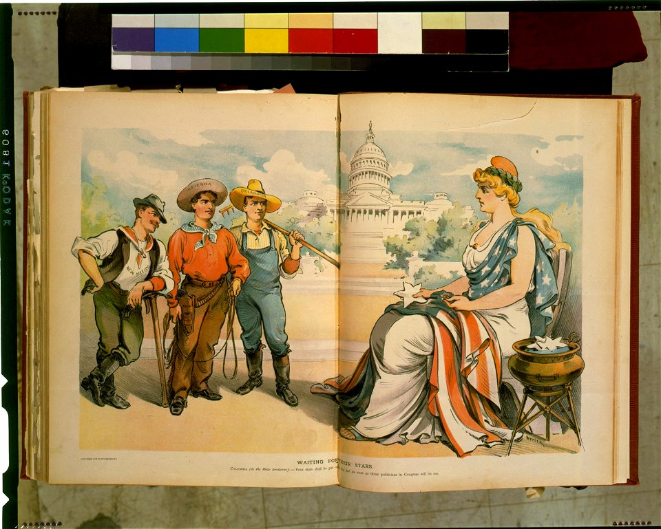 Columbia (to the three territories) - Your stars shall be put on the flag just as soon as those politicians in Congress will let me - Keppler ; J. Ottmann Lith. Co., Puck Bldg., N.Y. LCCN97515766