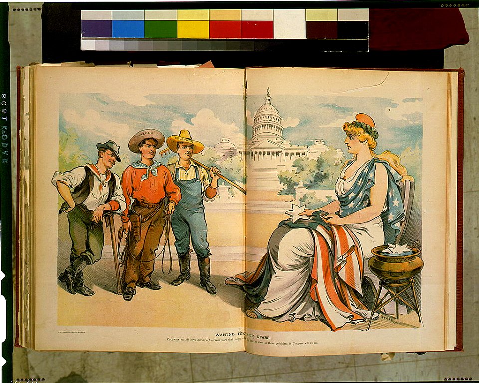 Columbia (to the three territories) - Your stars shall be put on the flag just as soon as those politicians in Congress will let me - Keppler ; J. Ottmann Lith. Co., Puck Bldg., N.Y. LCCN97515766
