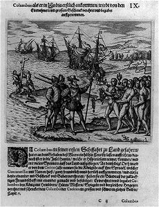 Columbus landing on Hispaniola, Dec. 6, 1492; greeted by Arawak Indians