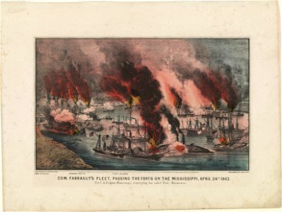 Com. Farragut's fleet, passing the forts on the Mississippi, April 24th 1862 The U.S. Frigate Mississippi destroying the rebel ram Manassas. LCCN90716203