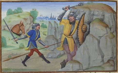 Combat de Geoffroy la Grand Dent et de Grimault (BNF ms fr 24383, fol 33v Roman de Melusine-Coudrette). Free illustration for personal and commercial use.