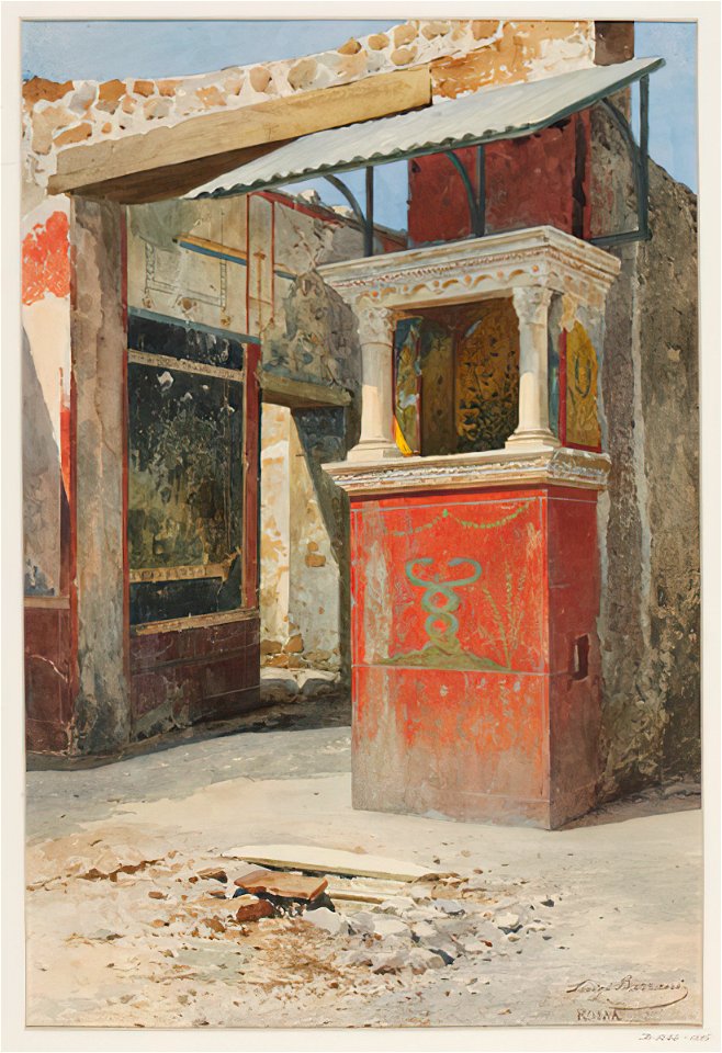 Columned lararium in Pompeii watercolor by Luigi Bazzani