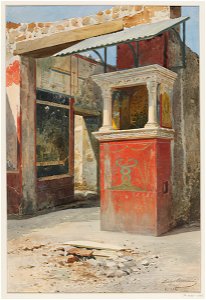 Columned lararium in Pompeii watercolor by Luigi Bazzani