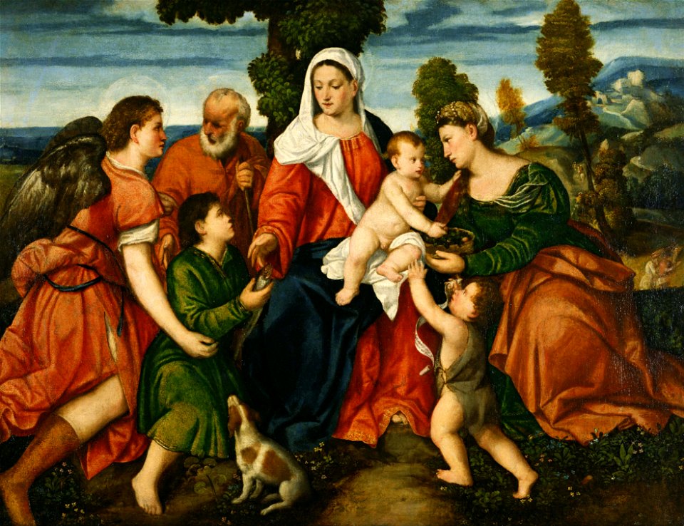 Bonifacio de' Pitati - The Holy Family with Tobias and the Angel, Saint Dorothy, Giovannino, and the Miracle of the Corn be... - Google Art Project