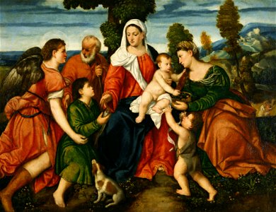 Bonifacio de' Pitati - The Holy Family with Tobias and the Angel, Saint Dorothy, Giovannino, and the Miracle of the Corn be... - Google Art Project