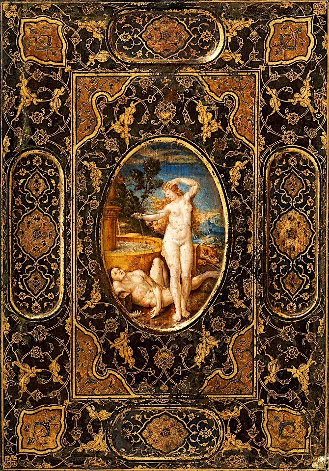 Book Cover, painted leather, late 16th century, Book Cover - Google Art Project (cropped)