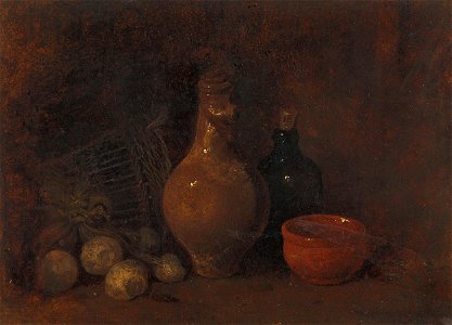 François Bonvin - Stilleven met vier vruchten, glas en aardewerk - SK-A-5034 - Rijksmuseum. Free illustration for personal and commercial use.