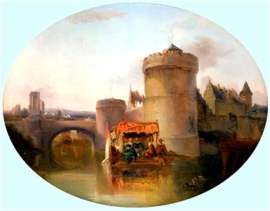 Bootje met hoffelijk gezelschap bij kasteel (A Schaepkens)