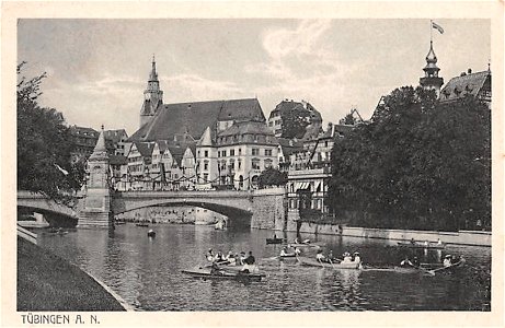 Boote vor Eberhardsbrücke und Neckarfront (AK Gebr. Metz 1915)