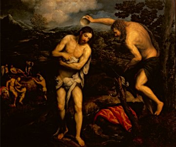 Paris Bordone - Il Battesimo di Cristo (Pinacoteca di Brera). Free illustration for personal and commercial use.