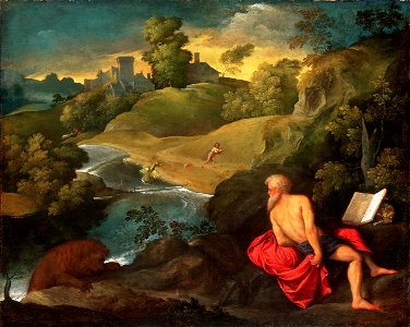 Saint Jerome in the Wilderness by Paris Bordone. Free illustration for personal and commercial use.