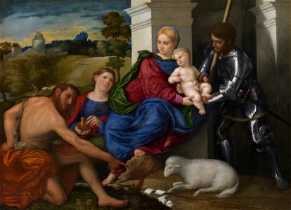 Bordone, Virgin and Child with Saints John the Baptist, Mary Magdalen and George. Free illustration for personal and commercial use.