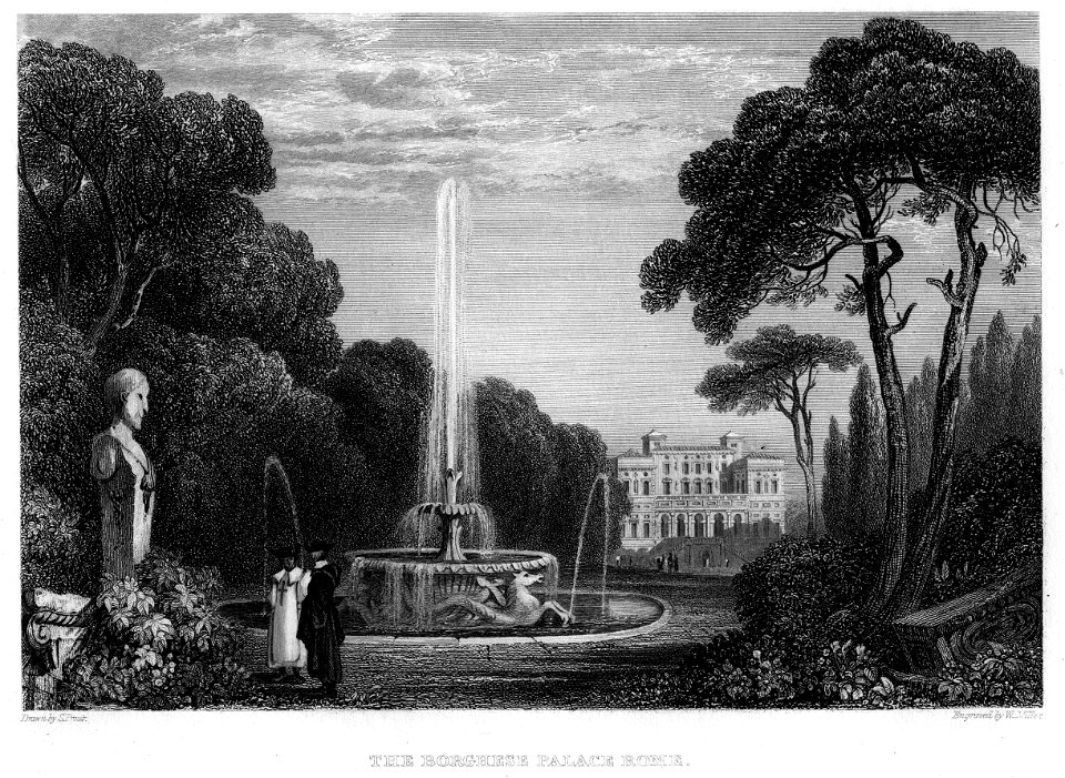 Borghese Palace Rome engraving by William Miller after S Prout