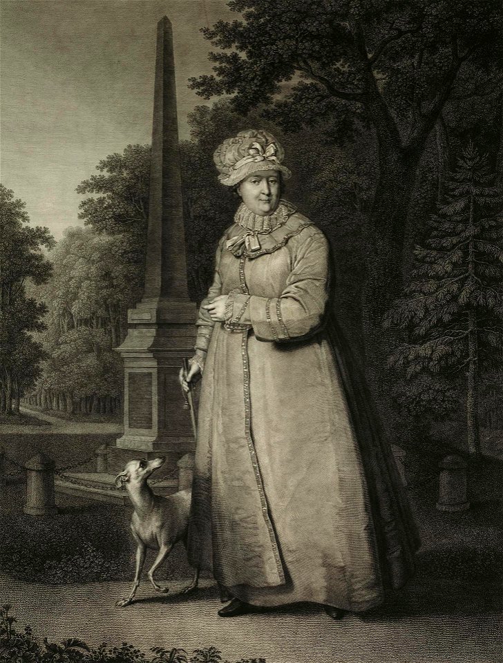 Catherine II walking, engraving by N.Utkin after Borovikovskiy (1827)