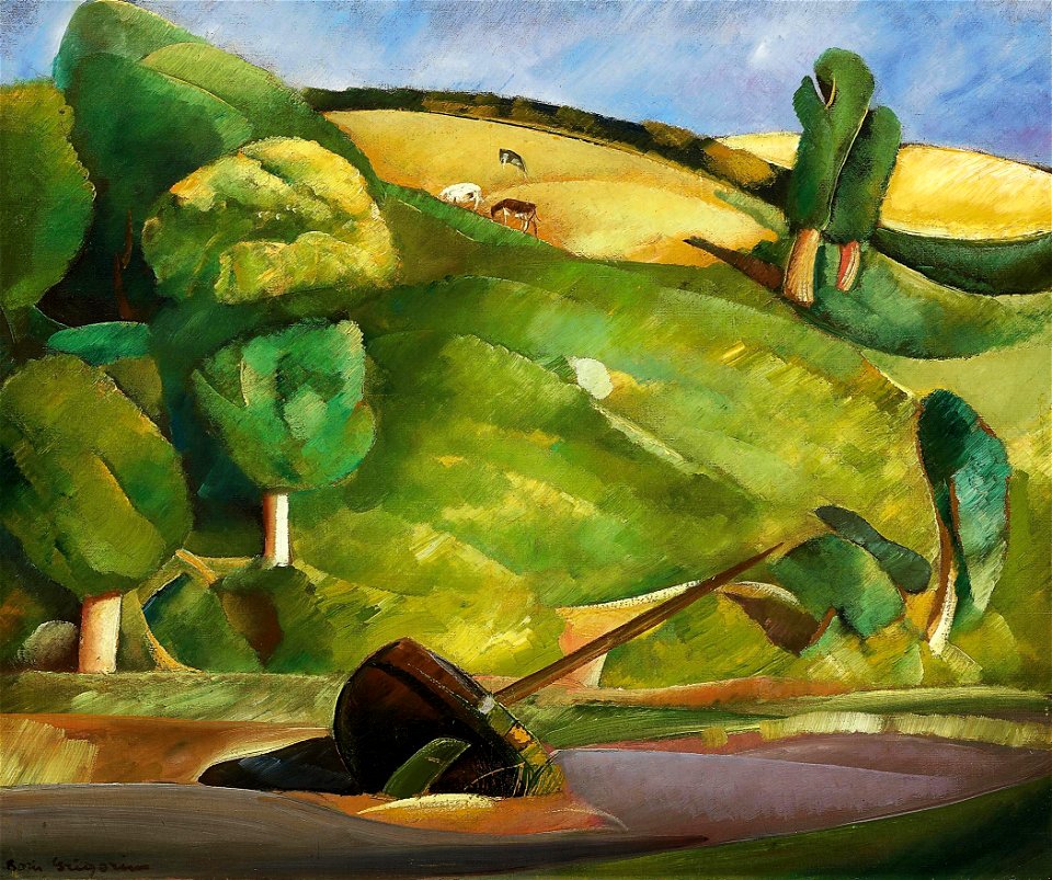 Boris grigoriev sailing boat in a cubist landscape