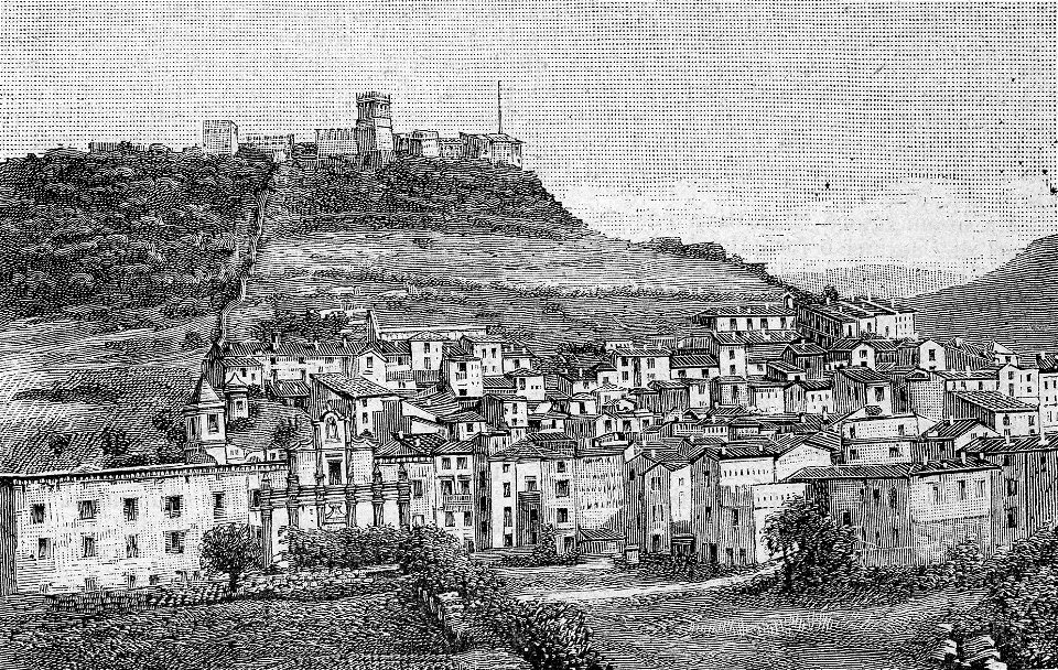 Bosa – Antico castello Malaspina, con veduta della città (xilografia)