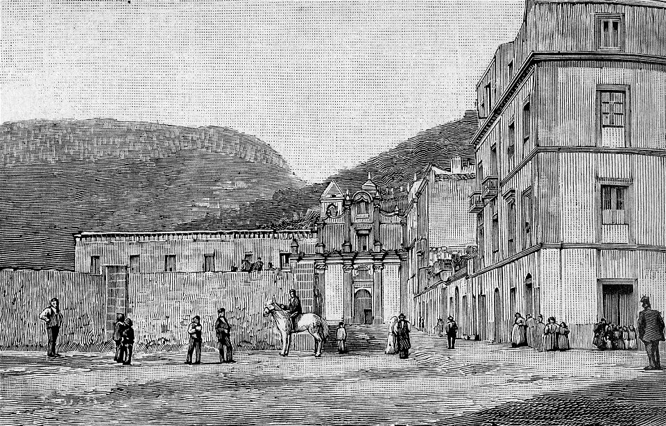 Bosa – Chiesa del Carmine, scuole elementari e Regio Ginnasio (xilografia)