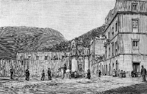 Bosa – Chiesa del Carmine, scuole elementari e Regio Ginnasio (xilografia)