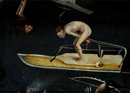 Bosch, Hieronymus - The Garden of Earthly Delights, right panel - Detail man ice-skating on large ice skate (mid-right). Free illustration for personal and commercial use.