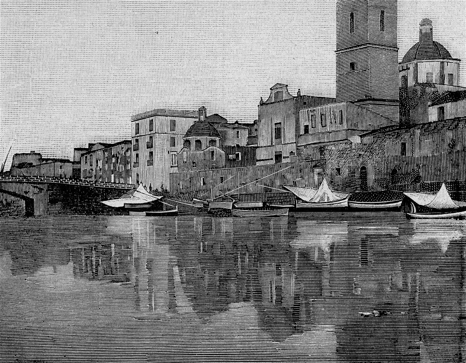 Bosa – Cattedrale e molo sinistro sul fiume Temo (xilografia)