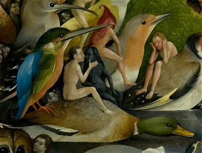 Bosch, Hieronymus - The Garden of Earthly Delights, central panel - Detail Bird and Man riding a duck. Free illustration for personal and commercial use.