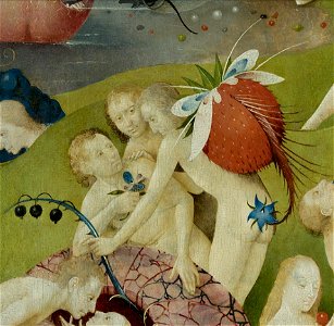 Bosch, Hieronymus - The Garden of Earthly Delights, central panel - Detail Man with strawberry on his back (lower left)