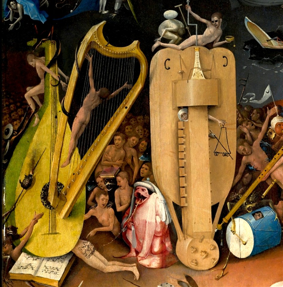 Bosch, Hieronymus - The Garden of Earthly Delights, right panel - Detail musical instruments (left)
