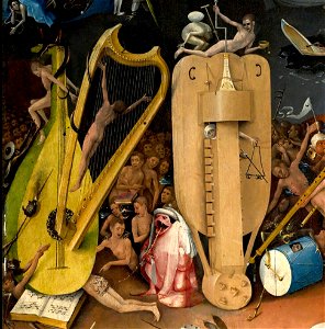 Bosch, Hieronymus - The Garden of Earthly Delights, right panel - Detail musical instruments (left). Free illustration for personal and commercial use.