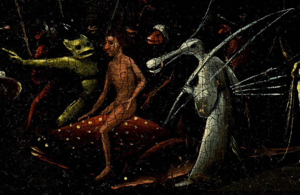 Bosch, Hieronymus - The Garden of Earthly Delights, right panel - man riding on dotted fish and bird creature