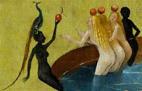 Bosch, Hieronymus - The Garden of Earthly Delights, center panel - Detail women with peacock. Free illustration for personal and commercial use.