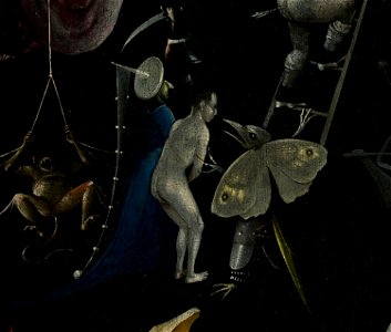 Bosch, Hieronymus - The Garden of Earthly Delights, right panel - Detail Monkey, man with blue clothes and Butterfly monster. Free illustration for personal and commercial use.