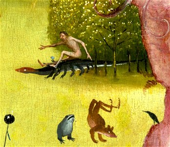 Bosch, Hieronymus - The Garden of Earthly Delights, central panel - Detail Man riding a salamander (upper left)
