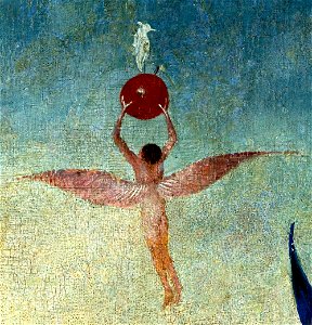 Bosch, Hieronymus - The Garden of Earthly Delights, central panel - Detail Winged man with fruit flies to heaven (upper right)