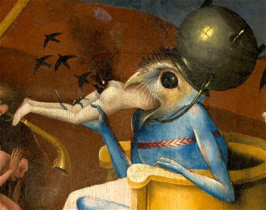 Bosch, Hieronymus - The Garden of Earthly Delights, right panel - Detail Bird-headed monster or The Prince of Hell - close-up head (lower right). Free illustration for personal and commercial use.