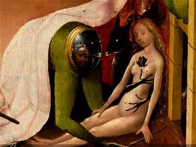 Bosch, Hieronymus - The Garden of Earthly Delights, right panel - Detail Green person (mid-right). Free illustration for personal and commercial use.