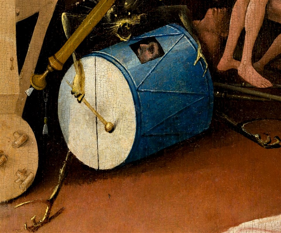 Bosch, Hieronymus - The Garden of Earthly Delights, right panel - Detail man in drum (lower left)