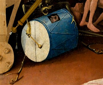 Bosch, Hieronymus - The Garden of Earthly Delights, right panel - Detail man in drum (lower left). Free illustration for personal and commercial use.