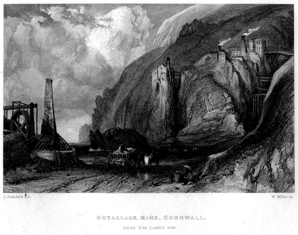 Botallack Mine, Cornwall engraving by William Miller after C Stanfield
