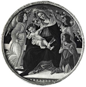 Botticelli - e aiuti - Madonna con Bambino, san Giovannino e angeli, Galleria Pallavicini. Free illustration for personal and commercial use.