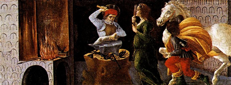Botticelli, incoronazione della vergine, predella 05 miracolo di sant'eligio. Free illustration for personal and commercial use.