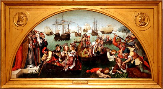 Bottega di lisbona, retablo di sant'auta, 1522-25, pellegrinaggio di s. orsola a roma e martirio delle 11.000 vergini 1