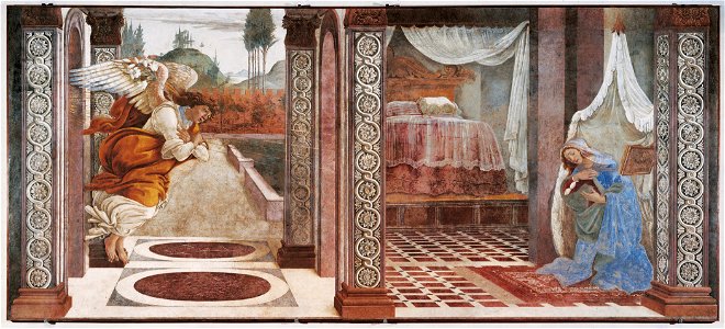 Botticelli - Annunciation, 1481 (Uffizi). Free illustration for personal and commercial use.