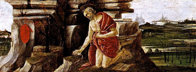 Botticelli, incoronazione della vergine, predella 04 san girolamo nel deserto. Free illustration for personal and commercial use.