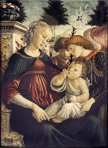 Botticelli - Vierge à l’Enfant et deux anges. Free illustration for personal and commercial use.