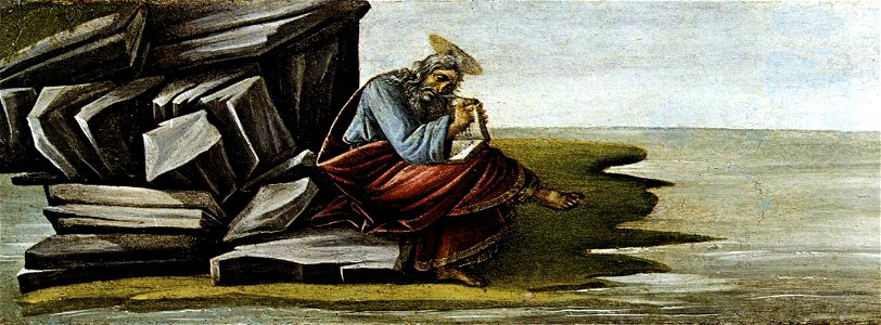 Botticelli, incoronazione della vergine, predella 01 san giovanni evangelista a patmos. Free illustration for personal and commercial use.