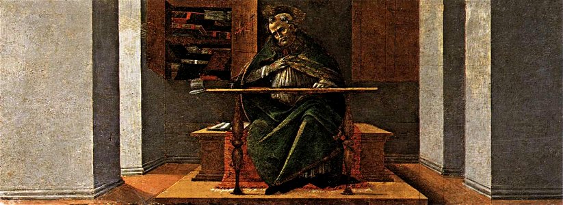 Botticelli, incoronazione della vergine, predella 03 sant'agostino nello studio. Free illustration for personal and commercial use.